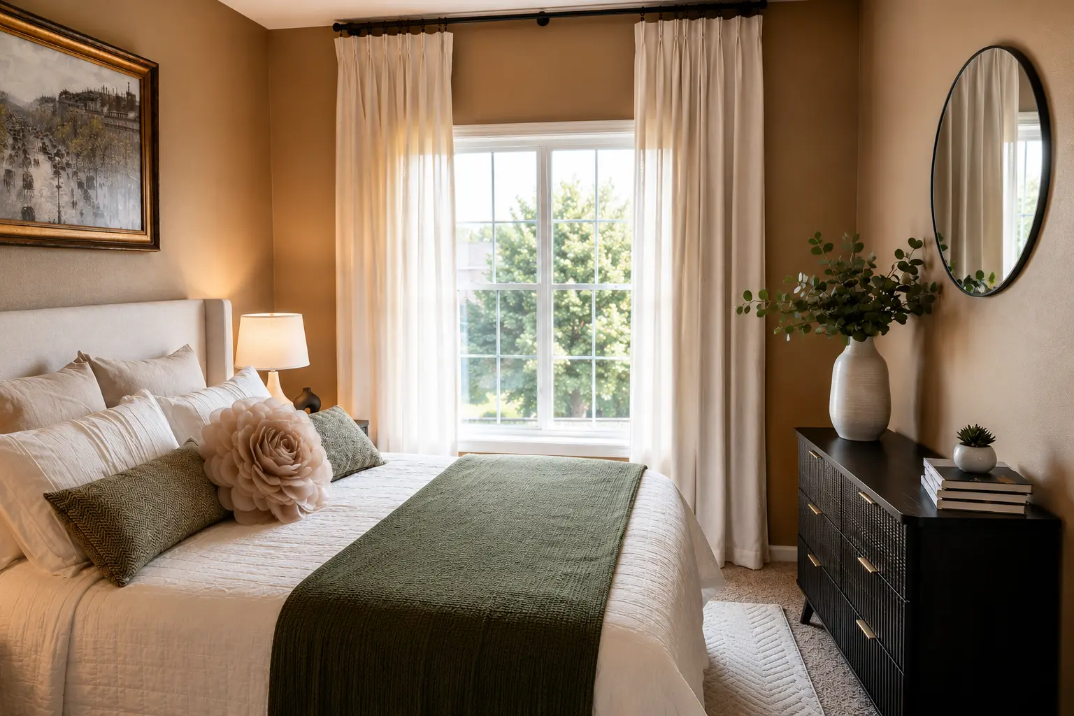 Bedroom with olive bedding