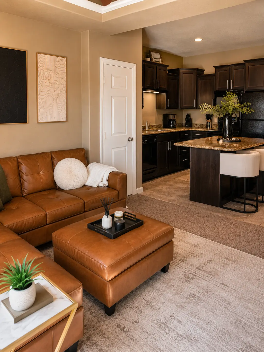 Leather sofa in the furnished living room