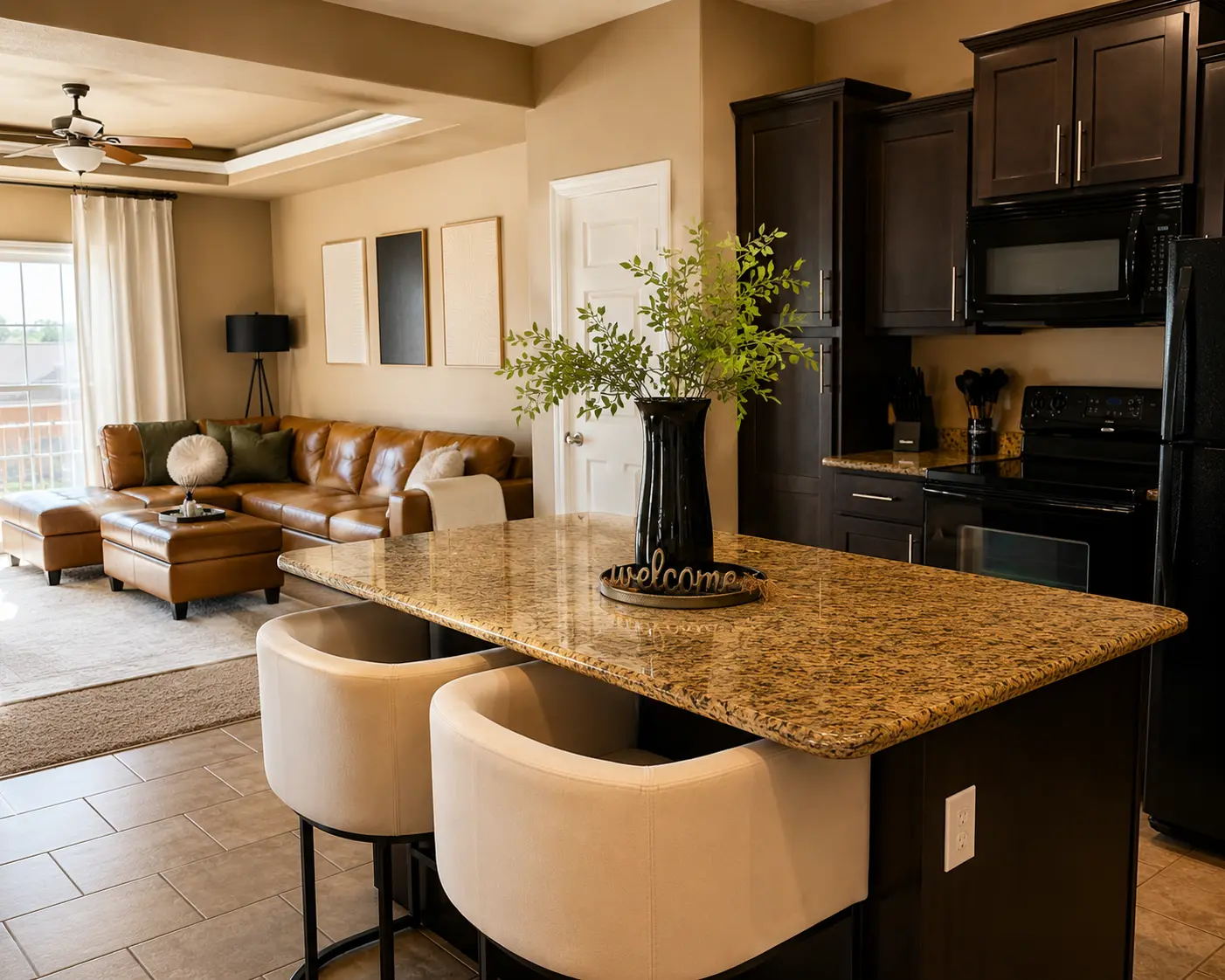 Open living room and kitchen at The Louise 305